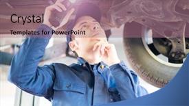  Presentation with mechanic car service repair maintenance - Cool new slide deck with mechanic inspecting a lifted car backdrop and a  colored foreground