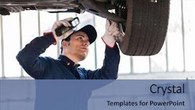  Presentation with mechanic - Presentation theme with mechanic inspecting a lifted car background and a ocean colored foreground