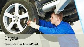  Presentation with mechanic repair - Presentation enhanced with mechanic inspecting suspension or brake background and a soft green colored foreground