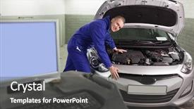  Presentation with garage car - Audience pleasing PPT theme consisting of mechanic leaning on a car next to a computer in a garage backdrop and a dark gray colored foreground