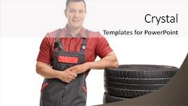  Presentation with tires - Beautiful slide set featuring mechanic leaning on a stack of tires and looking at the camera isolated on white background backdrop and a white colored foreground