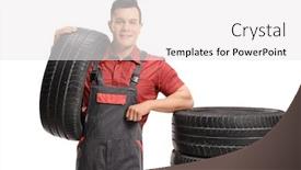  Presentation with tires - Colorful slides enhanced with mechanic leaning on a stack of tires isolated on white background backdrop and a white colored foreground