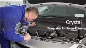  Presentation with garage car - Theme enhanced with mechanic looking at an engine of car in a garage background and a dark gray colored foreground