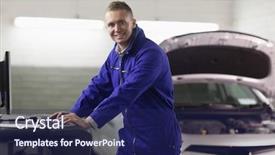 Presentation with mechanic - Beautiful slides featuring mechanic looking at camera while using a computer in a garage backdrop and a navy blue colored foreground