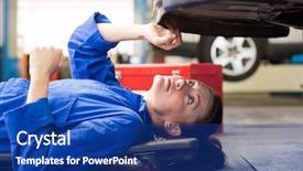  Presentation with garage car - Colorful theme enhanced with mechanic lying and looking backdrop and a ocean colored foreground