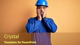  Presentation with blue yellow - Slide set featuring mechanic-man-with-beard-wearing background and a tawny brown colored foreground