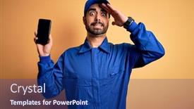  Presentation with mechanic - Slide deck enhanced with mechanic-man-with-beard-wearing and a navy blue colored foreground