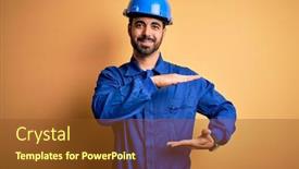  Presentation with blue yellow - PPT layouts having mechanic-man-with-beard-wearing background and a tawny brown colored foreground