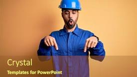  Presentation with blue yellow - Slides enhanced with mechanic-man-with-beard-wearing background and a tawny brown colored foreground