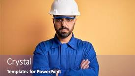  Presentation with blue yellow - Cool new slide deck with mechanic-man-with-beard-wearing backdrop and a ocean colored foreground