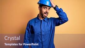  Presentation with blue yellow - Cool new slide set with mechanic-man-with-beard-wearing backdrop and a  colored foreground