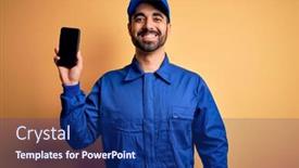  Presentation with mechanic - Presentation design enhanced with mechanic-man-with-beard-wearing background and a navy blue colored foreground