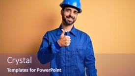  Presentation with football in yellow and blue - Colorful presentation theme enhanced with mechanic-man-with-beard-wearing backdrop and a navy blue colored foreground