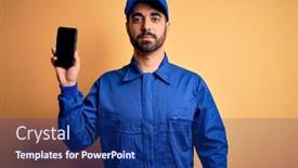  Presentation with mechanic - Presentation design enhanced with mechanic-man-with-beard-wearing background and a navy blue colored foreground