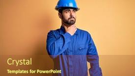  Presentation with sore throat - Amazing PPT theme having mechanic-man-with-beard-wearing backdrop and a tawny brown colored foreground