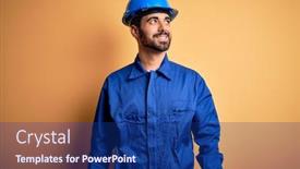  Presentation with blue yellow - Colorful slides enhanced with mechanic-man-with-beard-wearing backdrop and a navy blue colored foreground