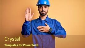  Presentation with blue yellow - Slide set consisting of mechanic-man-with-beard-wearing background and a tawny brown colored foreground