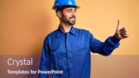  Presentation with blue yellow - Slide set consisting of mechanic-man-with-beard-wearing background and a navy blue colored foreground