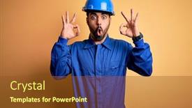  Presentation with blue yellow - Colorful presentation design enhanced with mechanic-man-with-beard-wearing backdrop and a tawny brown colored foreground