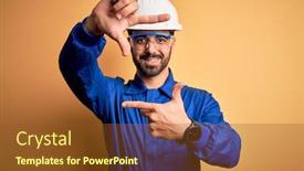  Presentation with blue yellow - Beautiful PPT layouts featuring mechanic-man-with-beard-wearing backdrop and a tawny brown colored foreground