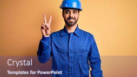  Presentation with mechanic - Slide deck with mechanic-man-with-beard-wearing background and a navy blue colored foreground