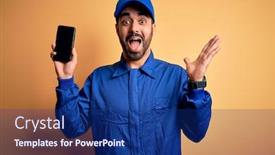  Presentation with holding hands - Amazing PPT theme having mechanic-man-with-beard-wearing backdrop and a navy blue colored foreground