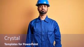  Presentation with mechanic - Slide deck featuring mechanic-man-with-beard-wearing background and a navy blue colored foreground