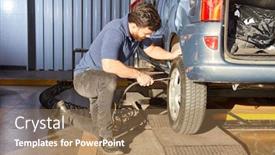  Presentation with mechanic shop - PPT layouts consisting of mechanic-measuring-tire-pressure background and a coral colored foreground