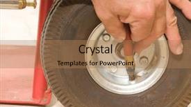  Presentation with tire - Presentation theme with mechanic putting air in the small tire of a hand cart background and a coral colored foreground
