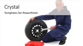  Presentation with mechanic repair - Colorful presentation theme enhanced with mechanic repair a wheel with wrench isolated over white background backdrop and a white colored foreground