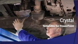 Presentation with garage car - Audience pleasing PPT theme consisting of mechanic repairing the below of a car in a garage backdrop and a tawny brown colored foreground