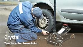  Presentation with tyre - Slides consisting of mechanic repairman making tyre fitting background and a violet colored foreground