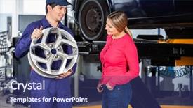  Presentation with mechanic - Colorful presentation design enhanced with mechanic showing hubcap to customer backdrop and a ocean colored foreground