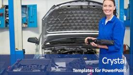  Presentation with mechanic repair - Cool new slide deck with mechanic smiling at the camera at the repair garage backdrop and a ocean colored foreground