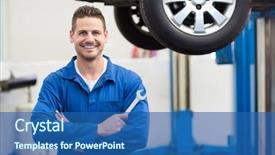  Presentation with mechanic repair - Audience pleasing presentation theme consisting of mechanic smiling at the camera holding tool at the repair garage backdrop and a ocean colored foreground