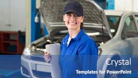  Presentation with mechanic repair - PPT theme featuring mechanic smiling at the camera at the repair garage background and a ocean colored foreground