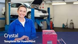  Presentation with mechanic tablet - Theme featuring mechanic smiling at the camera using tablet at the repair garage background and a ocean colored foreground