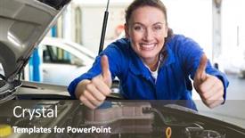  Presentation with mechanic repair - Slides with mechanic smiling at the camera at the repair garage background and a tawny brown colored foreground