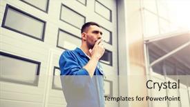  Presentation with mechanic car service repair maintenance - Presentation featuring mechanic smoking cigarette at car background and a soft green colored foreground