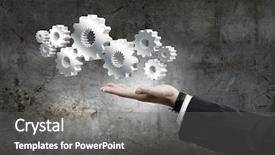  Presentation with mechanic gears - Slide deck consisting of mechanic statistics - close up of businessman hand background and a  colored foreground