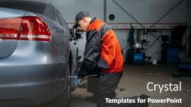  Presentation with tire - Beautiful slide deck featuring mechanic-unscrews-the-wheel backdrop and a dark gray colored foreground