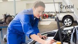  Presentation with mechanic repair - Audience pleasing presentation theme consisting of mechanic using laptop on car backdrop and a soft green colored foreground