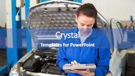  Presentation with mechanic tablet - Presentation having mechanic using tablet to fix car at the repair garage background and a teal colored foreground