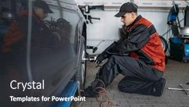  Presentation with mechanic - PPT theme featuring mechanic-with-pneumatic-wrench-unscrews background and a dark gray colored foreground