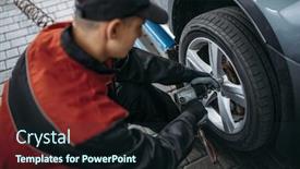  Presentation with mechanic - Audience pleasing presentation theme consisting of mechanic-with-pneumatic-wrench-unscrews backdrop and a wine colored foreground