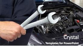  Presentation with garage car - Amazing presentation theme having hand of mechanic with wrench car repair garage backdrop and a dark gray colored foreground
