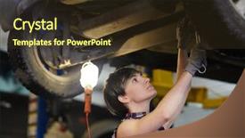  Presentation with vehicle - Slide deck having mechanic work - female technician overhauling parts background and a tawny brown colored foreground