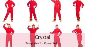  Presentation with red - PPT theme enhanced with mechanic work - woman in red overalls isolated background and a  colored foreground