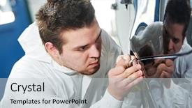  Presentation with auto industry - Cool new slide deck with mechanic worker painting element car backdrop and a light gray colored foreground