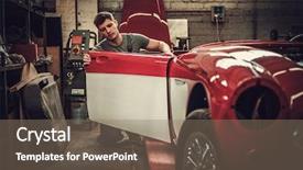  Presentation with restoration - Audience pleasing presentation design consisting of mechanic working on car body backdrop and a coral colored foreground